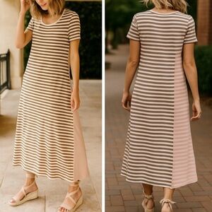 Anthropologie Saturday Sunday Faith Brown & Pink Striped Midi Dress Coastal Prep